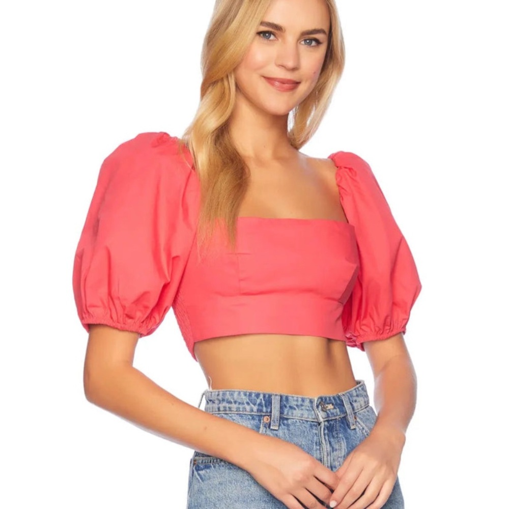 Susana Monaco Blue Puff Sleeve Crop Blouse